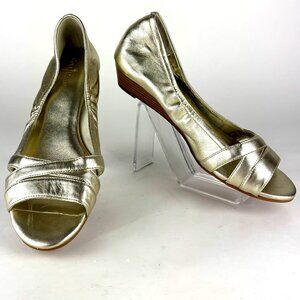Cole Haan Gold Leather Peep Toe Wedge Shoes, Size 7.5B Like new